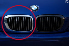 Load image into Gallery viewer, Straight on view of BMW chrome kidney grille versus aftermarket on Interlagos Blue E46 M3