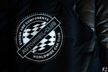 Load image into Gallery viewer, Backside view of black Future Classic t-shirt with white Automobile Club design
