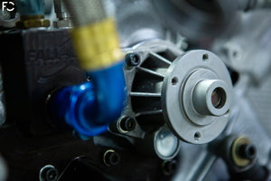 BMW E9X M3 GT4 Metal Impeller Water Pump side view installed on S65 motor