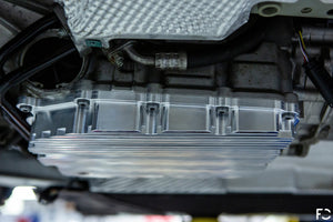 Fall-Line Motorsports Aluminum DCT Oil Pan - raw prototype pan installed side view showing pan angle