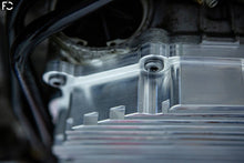 Load image into Gallery viewer, Fall-Line Motorsports Aluminum DCT Oil Pan - raw prototype pan closeup showing OEM hardware